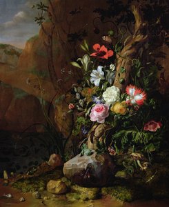 Trädstam omgiven av blommor, fjärilar och djur, 1685